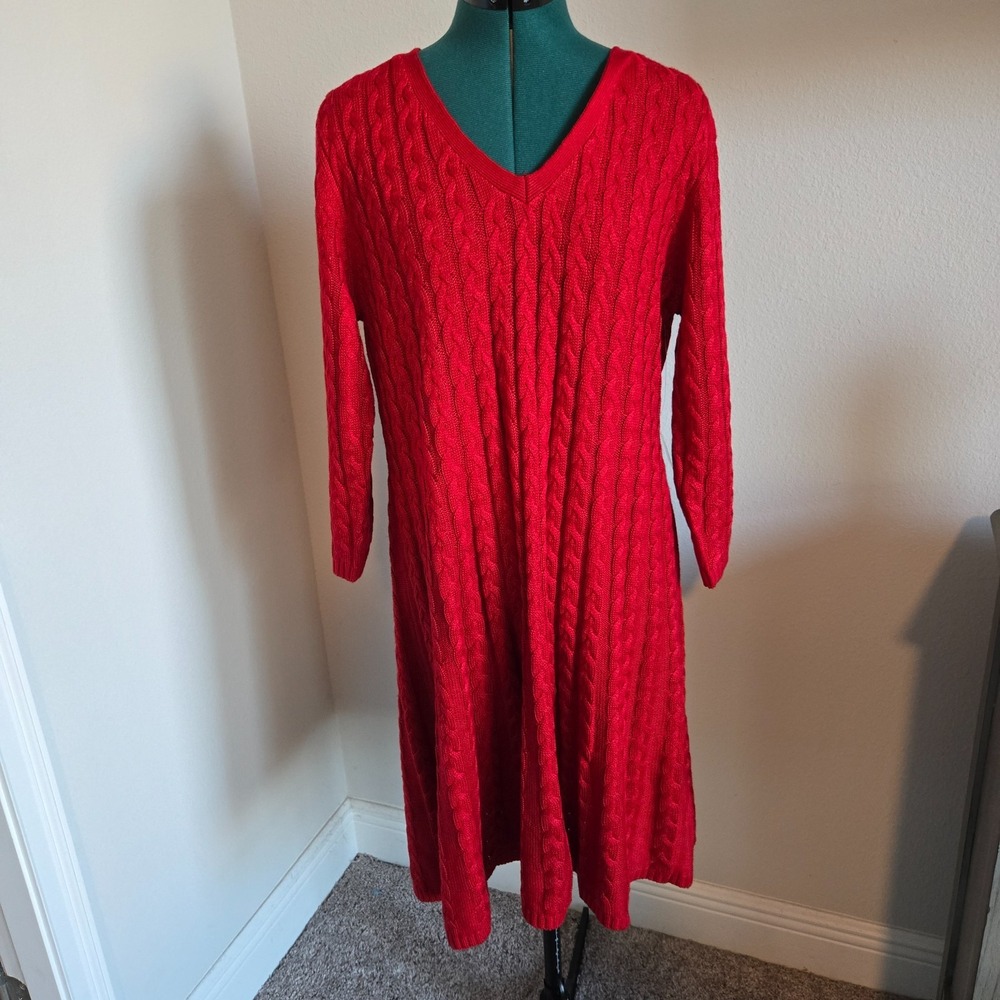 JH Sweater Dress Womens 1X Red Stretchy Cable Knit V-Neck Fit & Flare